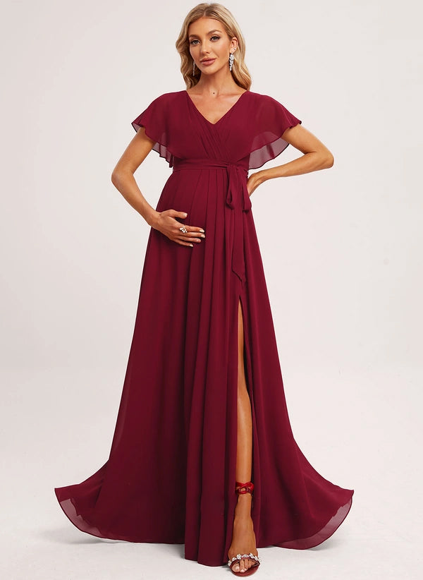 A-line V-Neck Floor-Length Chiffon Maternity Bridesmaid Dress With Ruffle