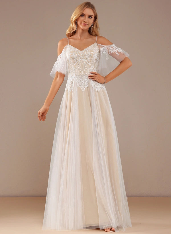 A-line V-Neck Floor-Length Lace Tulle Wedding Dress With Beading Ruffle Sequins