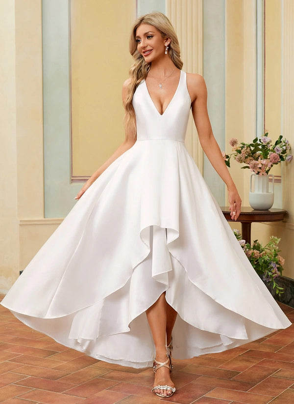 A-line V-Neck Asymmetrical Satin Wedding Dress