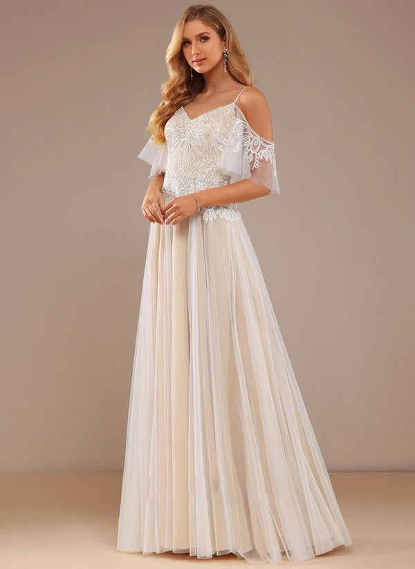 A-line V-Neck Floor-Length Lace Tulle Wedding Dress With Beading Ruffle Sequins