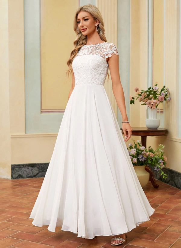 A-line Scoop Floor-Length Chiffon Lace Wedding Dress
