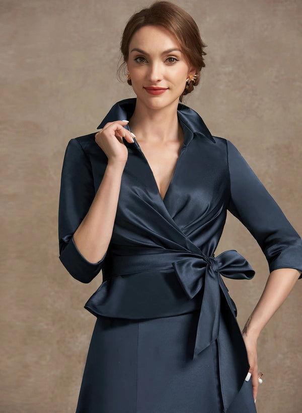 A-line Separates V-Neck Ankle-Length Satin Mother of the Bride Dress With Bow Pleated