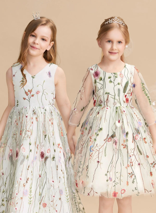 A-line V-Neck Floor-Length Jacquard Flower Girl Dress