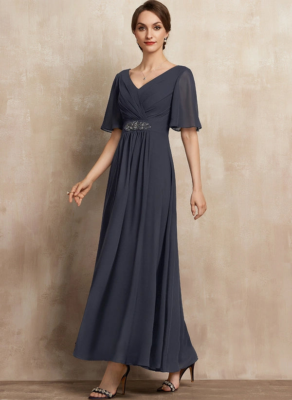 A-line V-Neck Ankle-Length Chiffon Mother of the Bride Dress With Beading Pleated Sequins