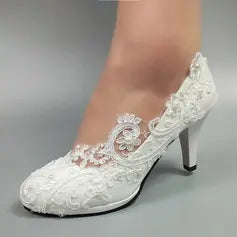Women's Wedding Shoes Faux Leather Flat Heel High Heel Closed Toe Wedding Heels Bridal Shoes Lace Elegant Wedding Slip On Shoes